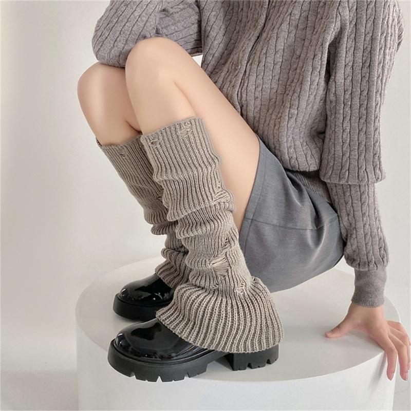 Polainas de Punto Acanalado Harajuku Huecas Desgastadas Agujeros Rasgados Cubre Piernas de Pierna Ancha Calcetines Largos Elásticos Acampanados para Mujer