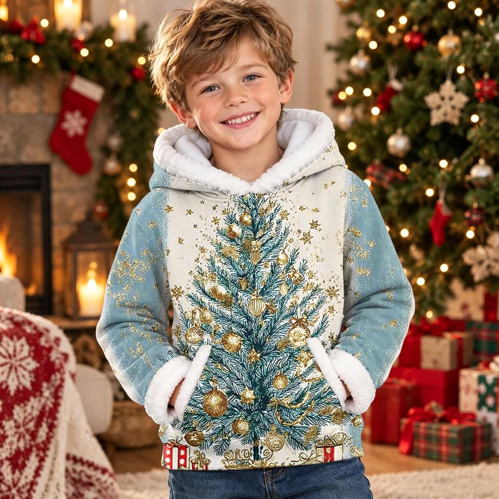 Kids Long Sleeve Christmas Print Casual Fashion Hooded Top