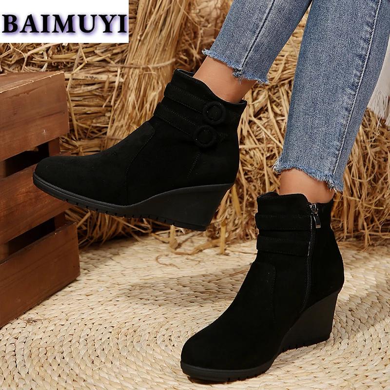 Móda Dámské klínkové sněhule ke kotníku Semišové boty na vysokém podpatku 2025 Trend Nové designové zimní Chelsea boty Elegantní lodičky na zip Mujer Botas