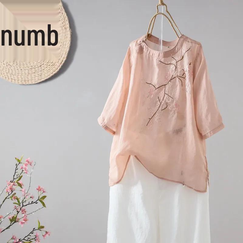 

Женская ретро блузка с V-образным вырезом из хлопка и льна с вышивкой - Короткий рукав, Свободный крой, Мода лето/осень в китайском стиле. M (Recommended for 40-50 kg)