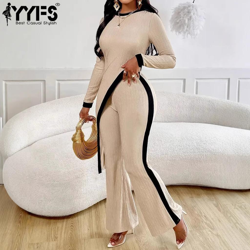 YYFS Women's Fashion Casual Spring Autumn Colour Block Print Long Sleeve O-Neck Trousers Pants Suits