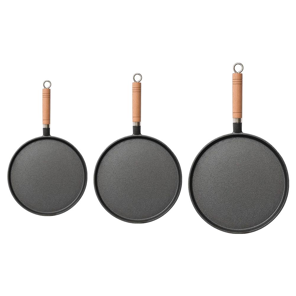 Wygodny Drewniany Uchwyt Patelnia z Odlewu Żeliwnego Pogrubiona Patelnia do Naleśników Patelnia z Drewnianym Uchwytem