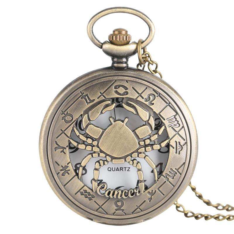 12 Constellation Astrology Zodiac Retro Pocket Watch Bronze Necklace Pendant Mens Women Hollow Flip Cover Quartz Christmas Gifts