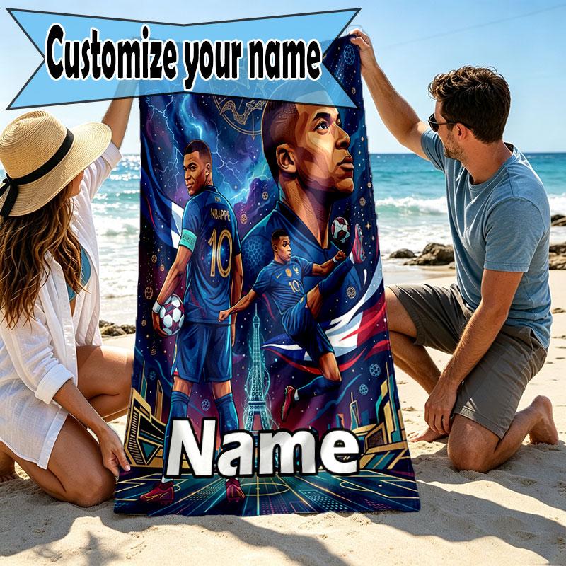 Personalisierbares Strandtuch mit Kylian Mbappe Aufdruck und individuellem Namen, für Reise Camping Strandparty Heimdekoration, Geburtstagsgeschenk für Familie & Freunde