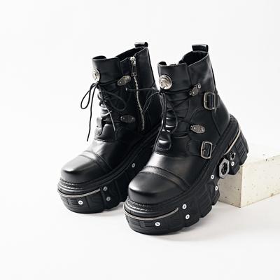 New Punk Women Platform Ankle Boots Female's Rock Round Toe Lace Up Fashion Retro Chunky Shoes Metal Decor Short Boots