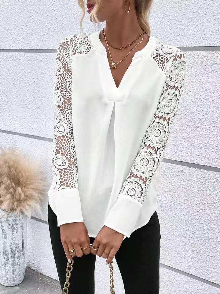 Women's Patchwork Lace Long-Sleeve V-Neck Shirt for Spring/Summer