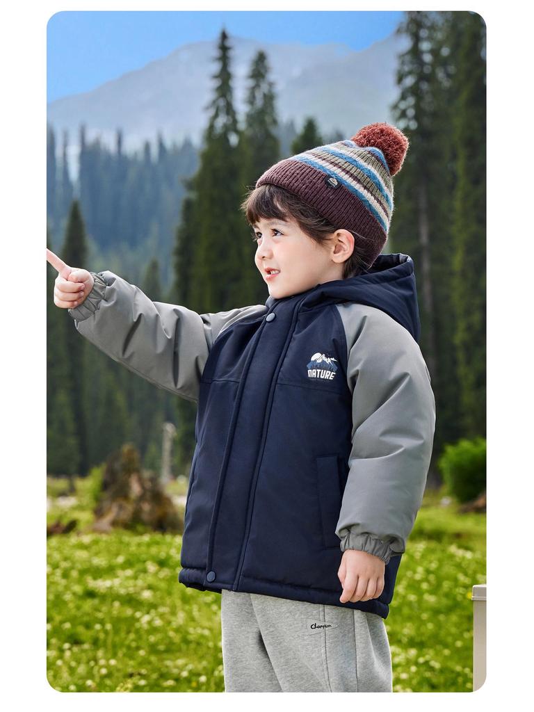2025 New Boys' Thickened Hooded Cotton Jacket - European Winter Style with Contrasting Colors for Toddlers and Children