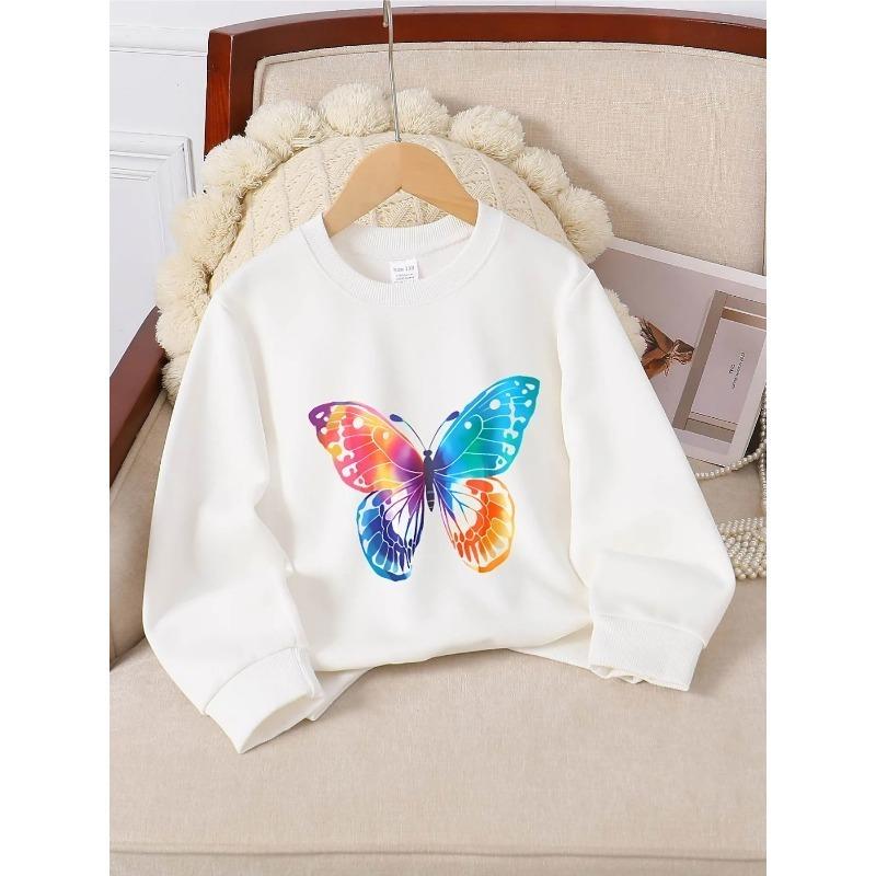 European sizes Girls' Crewneck Sweatshirt - Colorful Butterfly Wing Pattern Print, Soft Comfortable Casual Wear for Children & Teenagers