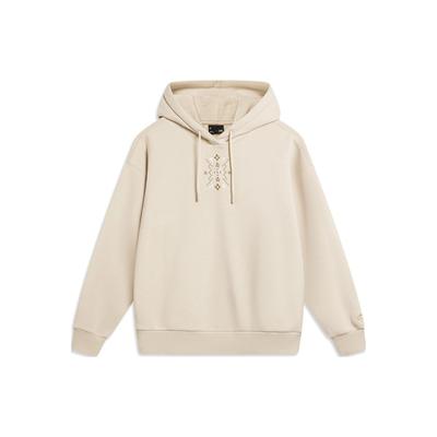 Li Ning Sports Lifestyle Series Casual Sports Letter Print Hooded Pullover Long Sleeve Sweatshirt Women Sweatshirt Fog-Khaki AWDT908-1