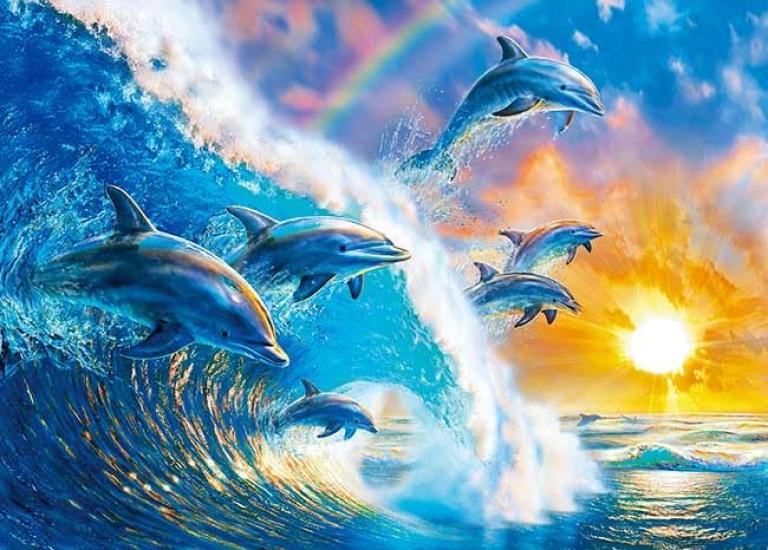 APPLEONE 500-304 Dolphin Wave (Adrian Chesterman) 500-Piece (53 X 38 Cm) Jigsaw Puzzle, Marine Art, Made In Japan