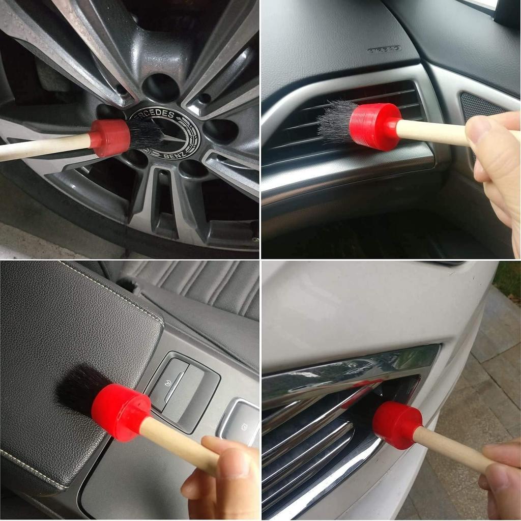 11Pcs Auto Detailing Set, Boar Hair Brushes, Steel Wire & A/C Brushes, Red, Soft Bristles, Wood Handles For Cleaning Interior, Exterior, Leather, 6