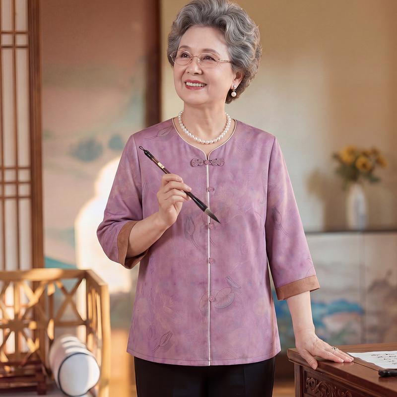 Women s New Chinese Style Ink Print 3/4 Sleeve Top 5XL