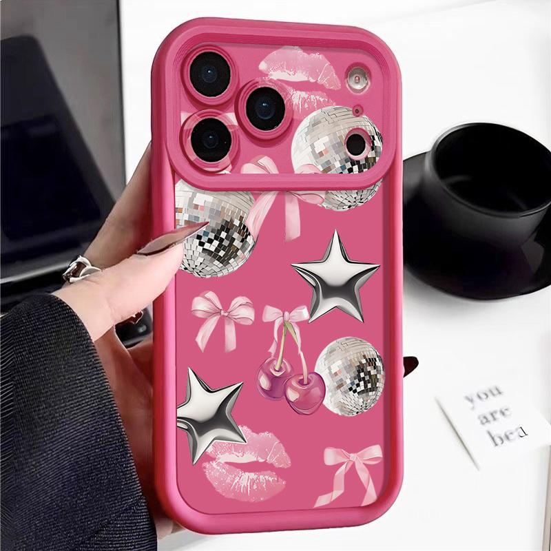 Cherry Bowknots Lips Disco Ball Case For iPhone 17 Pro Max Shockproof Silicone Bumper Cover For iPhone 16 Pro Max Funda iPhone 15 14 13 12 11 16E