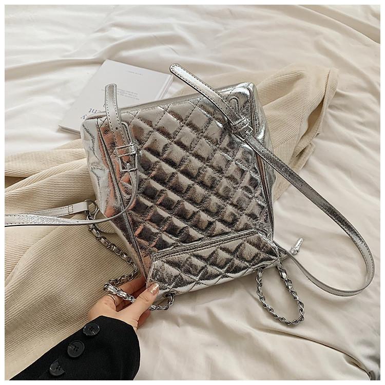 IELGY Women's Temperament Rhombus Backpack, Silver Chain Backpack