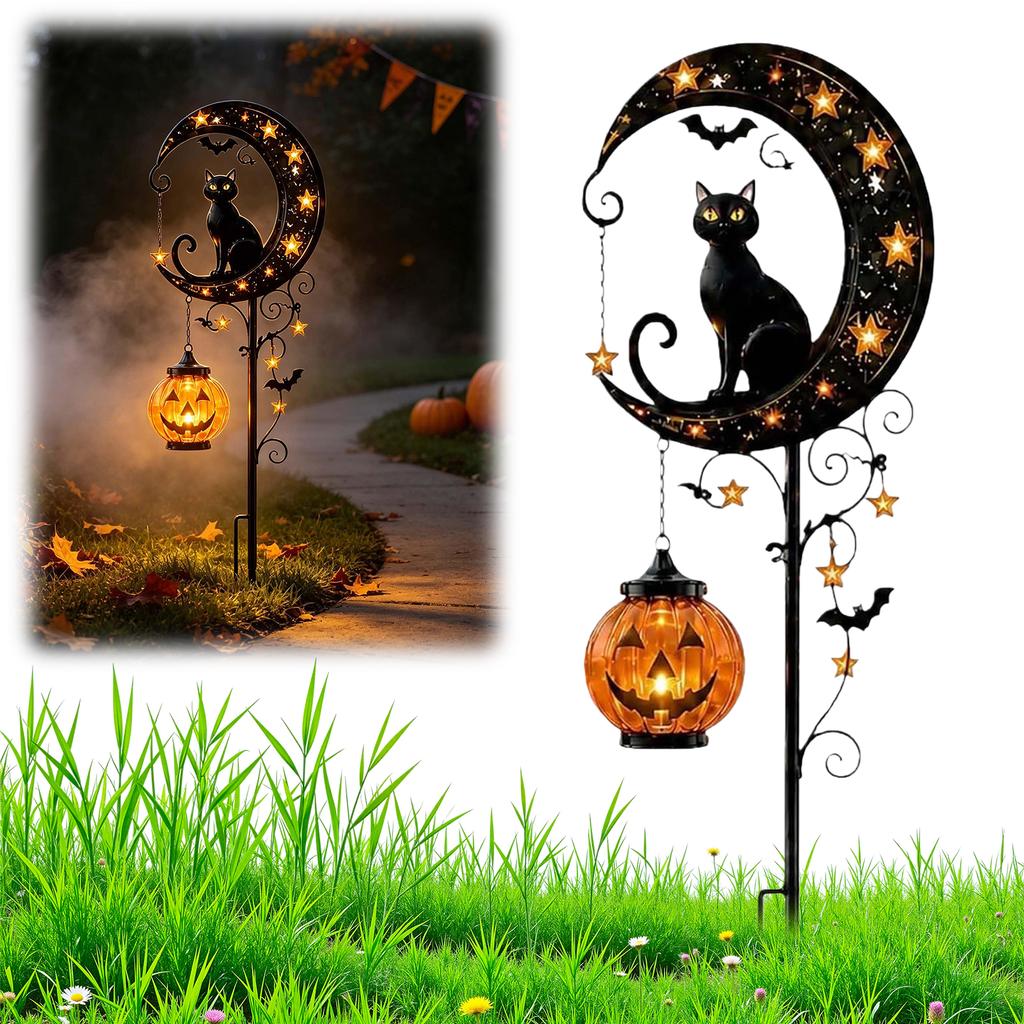 Solar Metal Black Cat Garden Stake Light Halloween Black Cat Warm Light Decorative for Yard Lawn Patio Pathway Walkway