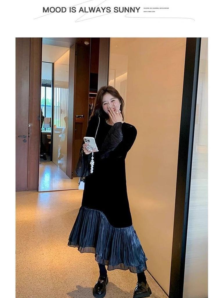 Golden Velvet Dress Women Autumn New Style Round Neck Fitted Waist Slimming Patchwork Mesh Long Sleeve Fishtail Dress