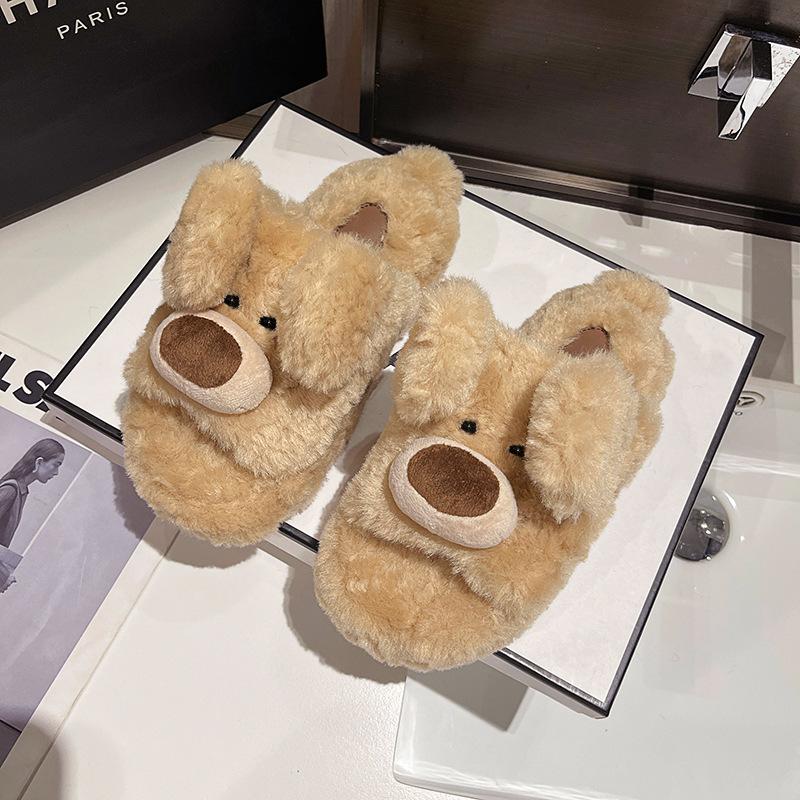 Plush ear-moving cute plush home slippers autumn and winter new casual versatile one-word fish mouth women's cotton shoes