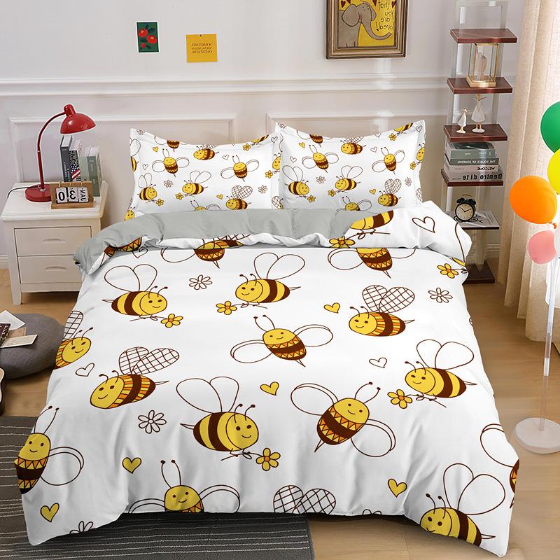 Cartoon Bee Duvet Cover King Queen Lovely Yellow Flying Animal Bedding Set For Kids Boys Girls Beautiful Flowers Comforter Cover