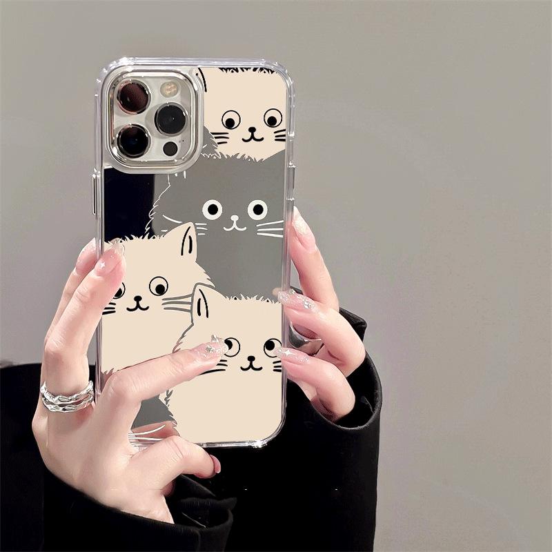 Silver Frame Mirror Phone Case for iPhone 15/14/13/12 Pro Max with Three Cat Design