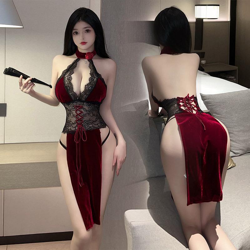 Sex Underwear Republic of China Cheongsam High Split Husband and Wife Products Set Guochao Lace Neck Nightdress Pajamas