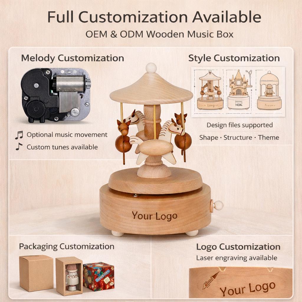 Custom Logo Wooden Music Box 18-Note Mechanical Wind-Up Rotating Carousel Ballerina Gift OEM