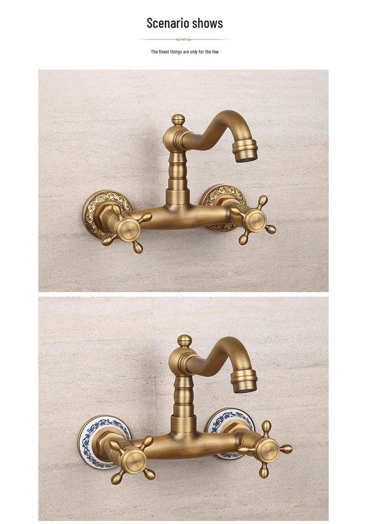 Retro French Copper Wall-Mounted Double Handle Faucet for Kitchen and Balcony.