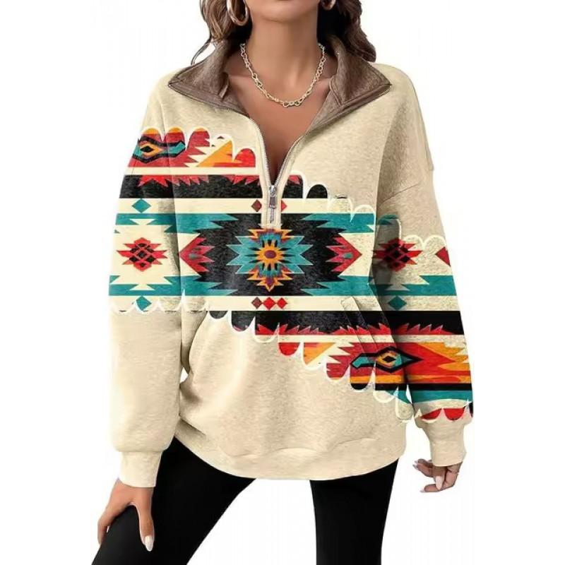 Womens Oversized Long Sleeve Pullover Top With Floral Print Half-Zip Collar Casual Cotton Sweatshirt