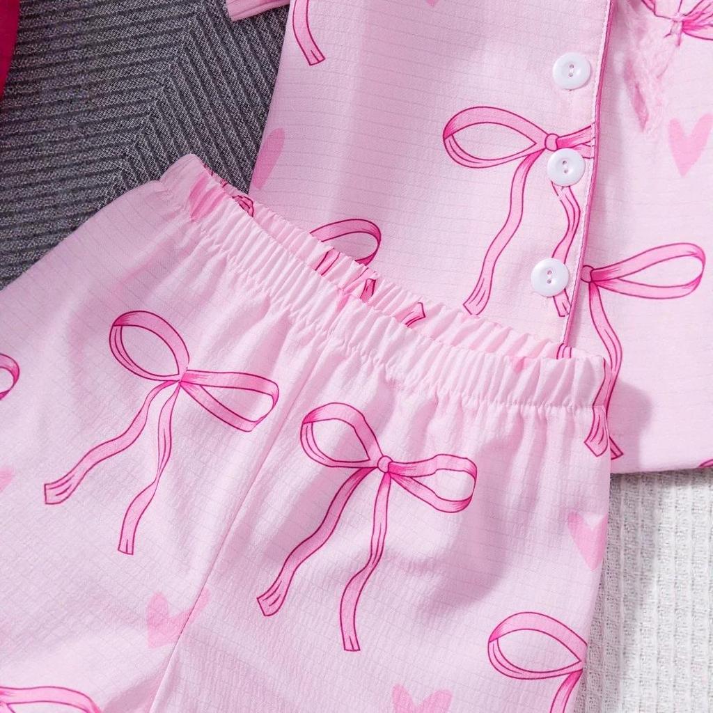 European & American Style Bow Short-Sleeve Pajama Set for Girls