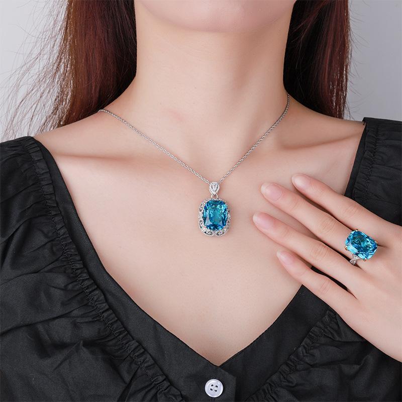 Jewelry Simulation Bird'S Nest Cut Sea Blue Treasure White Plated Blue Temperament Fat Square Set Main 15 * 20