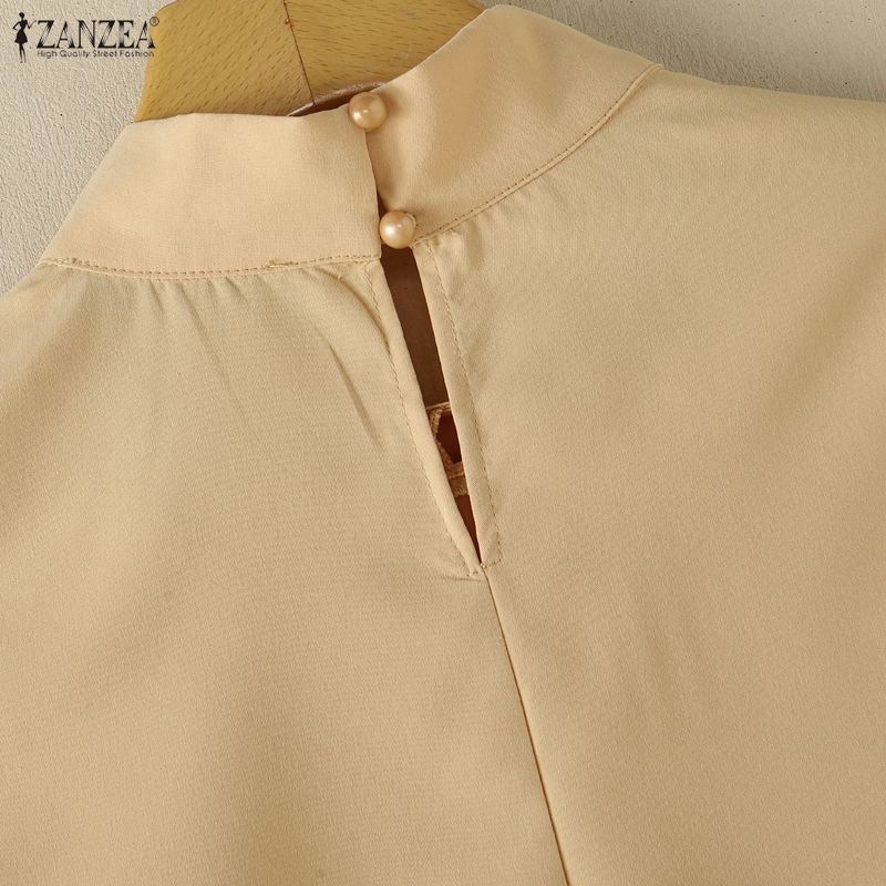 ZANZEA Women Summer Casual Mock Neck Loose Half Sleeve Blouse