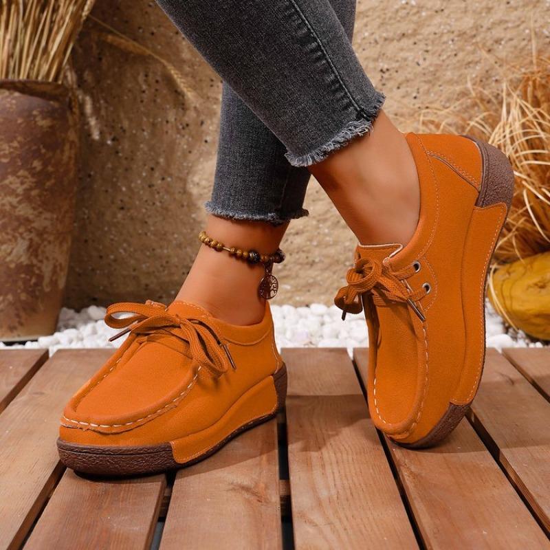 Women Plus Size Red Suede Loafers Spring European American Style Lace Up Casual Rocker Shoes