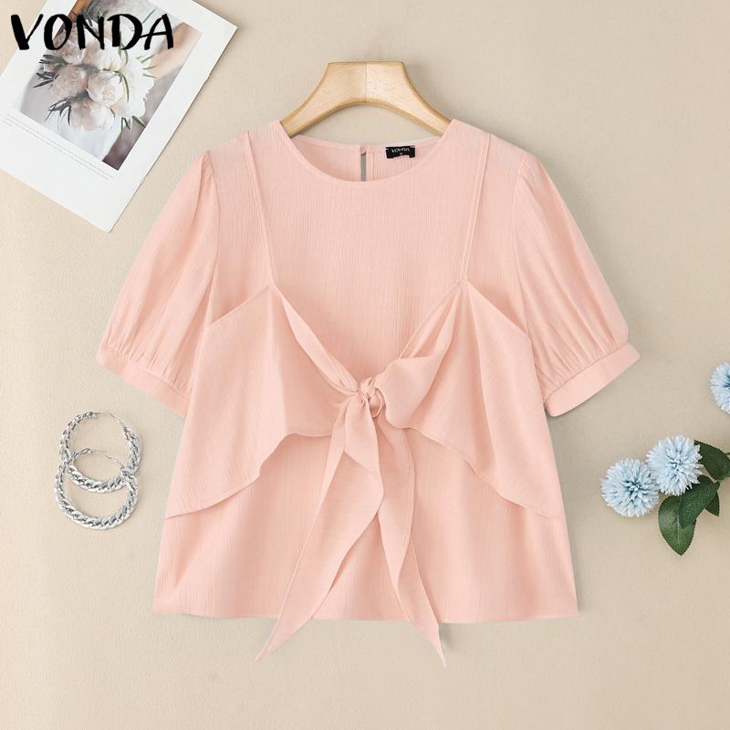 

VONDA Женская блузка с круглым вырезом, коротким рукавом, однотонная, с бантом, имитацией двух частей, повседневная, с оборками 4XL розовый