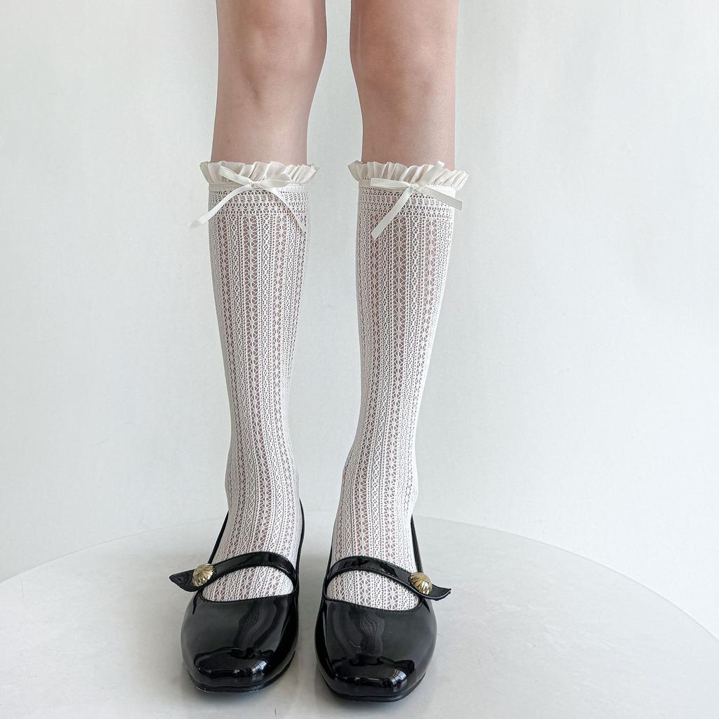 Womens Thin Mesh Breathable Midcalf Lace Socks With Mary Jane Lace Trim Hollowout Lace And Bowknots