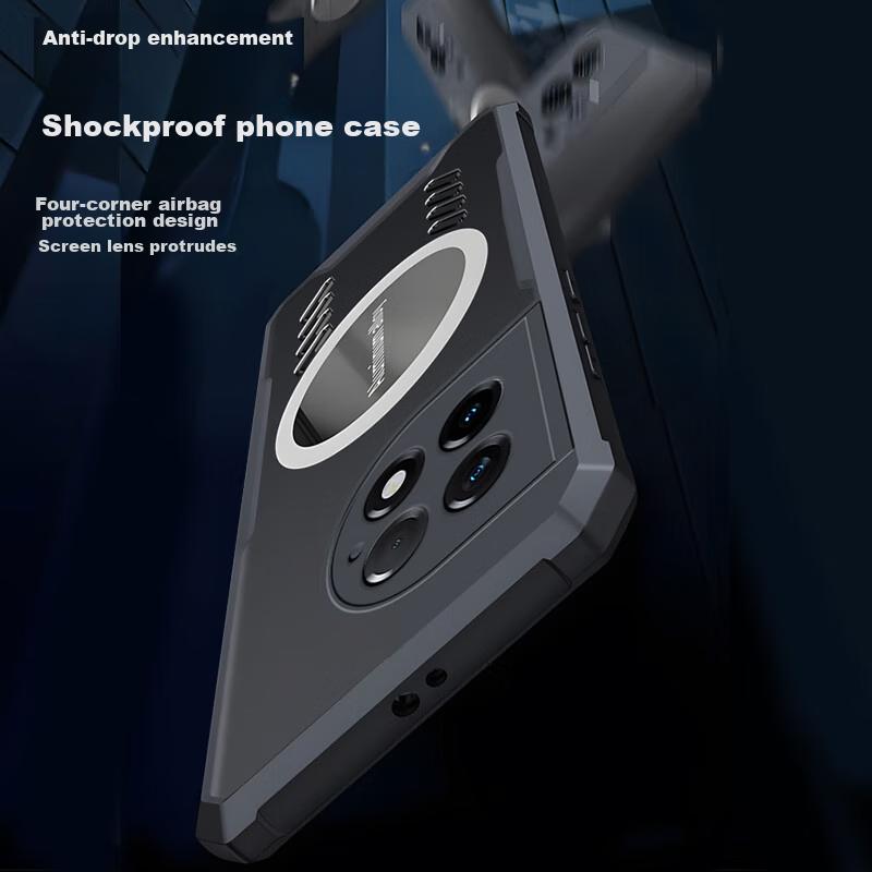 Freeson Phone Case for OnePlus Ace2 Pro, Full Camera Protection, Shockproof, Anti-Collision Corners, Transparent, Metal Magnetic Cooling Fans, Black