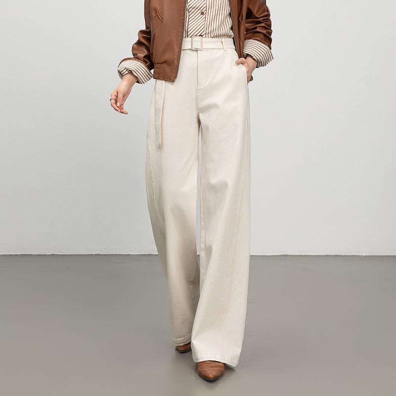 Retro Wide-Leg Women's Jeans with Belt - Floor-Length, Simple, Versatile Korean Style