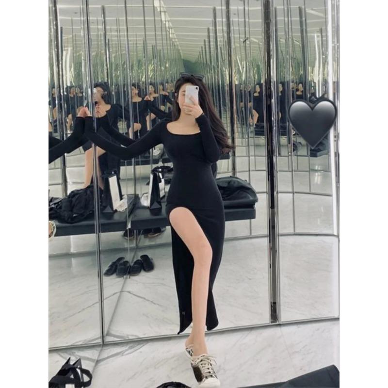 Sexy Side Slit Dress for Women Tight-fitting Wrap Hip Over-the-knee Long Sleeved Dresses Black Street Bodycon Spring Autumn