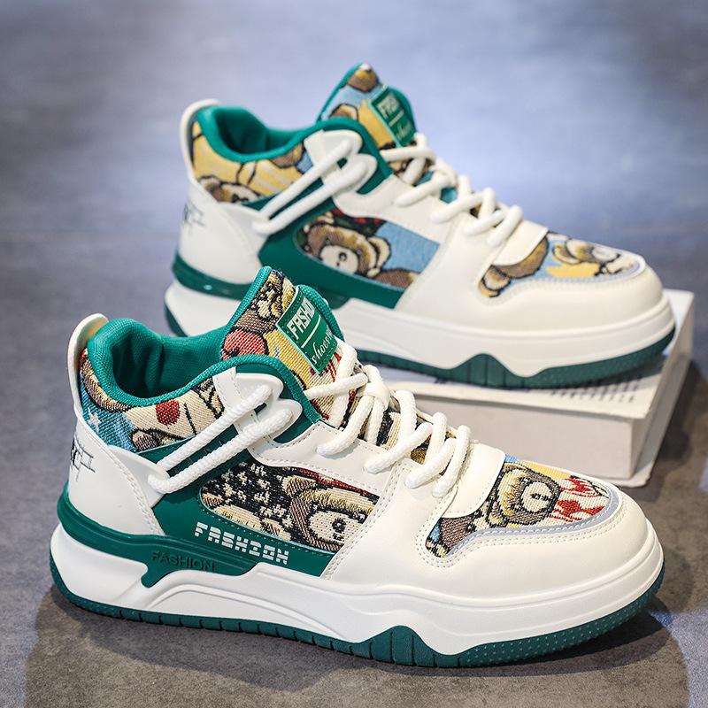 Light Luxury Autumn High-top Sports and Leisure Shoes, Youth Thick-soled Cartoon Skateboard Shoes