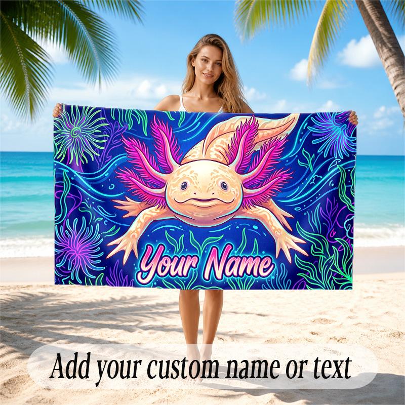 Axolotl Theme Quick Dry Beach Towel Custom Name Text Print Large Sand Resistant Towel Beach Vacation