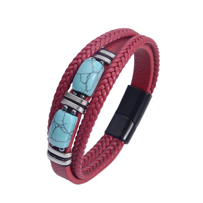 Stainless Steel Leather Bracelet Trendy Faux Turquoise Woven Jewelry Men