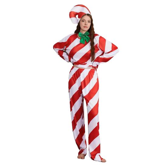 Candy Cane Christmas Costume for Adults Kids Red White Striped Top Pants Hat 3 Piece Set Christmas Cosplay Outfit for Men And Women