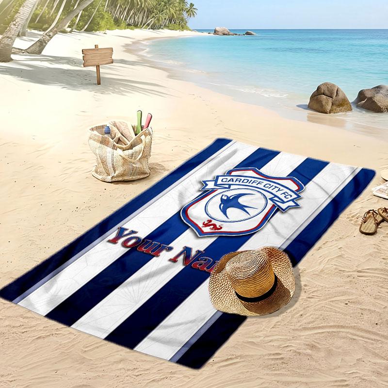 Cardiff City Personalized Printed Beach Towel Soccer Logo Support Custom Name Text Absorbent Towel For Sport Travel Special Gift