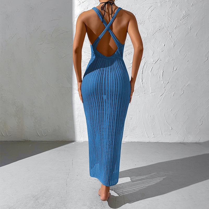 European Style Holiday Beach Knit Cover-up Dress - Backless and Hollow Out Design for Women, 2026
