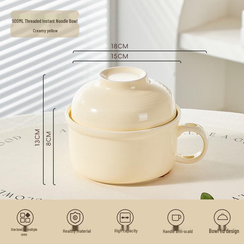 Cream Yellow Ceramic Instant Noodle Bowl with Lid, Spoon & Handle