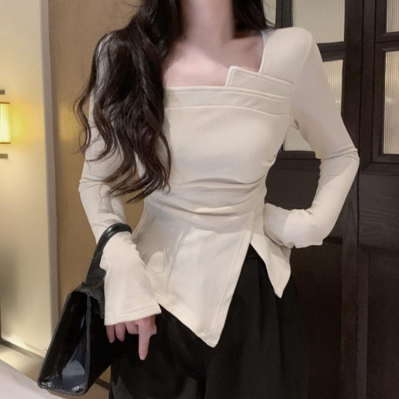 Irregular T Shirt for Women Spring Slim Crop Top Korean Style Long Sleeve Tees Y2k Solid Ladies Tshirts Femme Clothing 2024 New