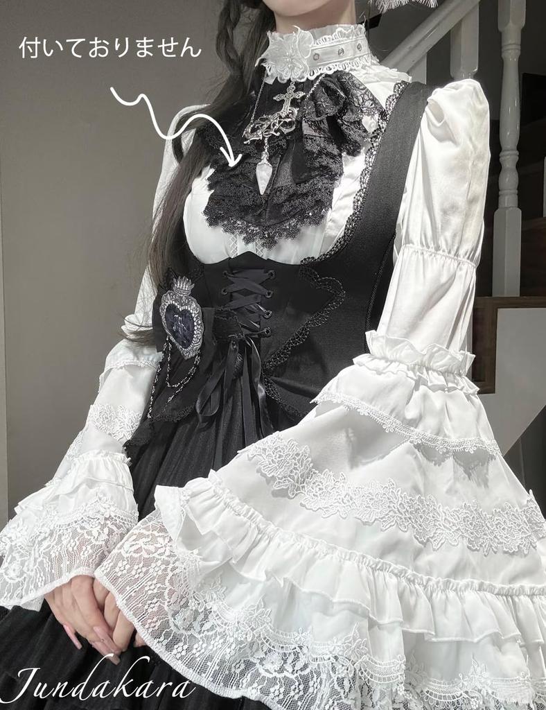Jundakara Back Princess Sleeve Lolita Floral Puff Long Cute French Student Size L Women's Lace-Up Blouse, Stand-Up Collar, Style, Print, Lace,