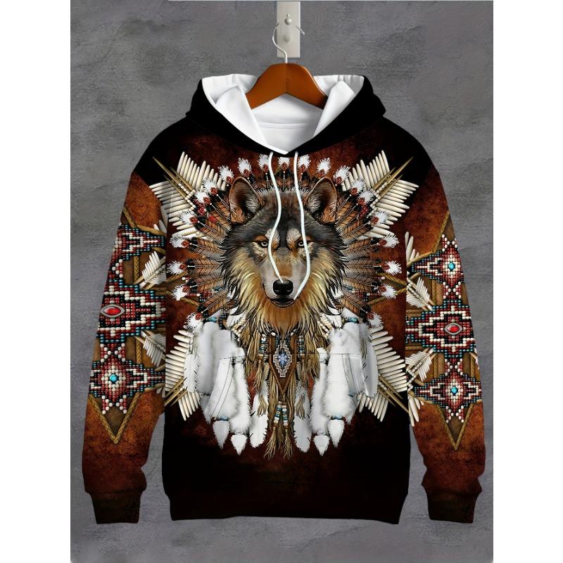 Herr 3D Vit Vargtryck Hoodie, Casual Långärmad Pullover med Dragsko Ficka, 100% Polyester Lätt Stretch Herrkläder