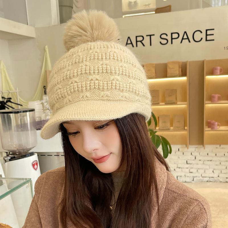 Women Winter Knitted Beanie Visor Hat with Earflaps Faux Fur Pom Fuzzy Wide Brim Thick Warm Hat Outdoor Solid Soft Cuffed Cap
