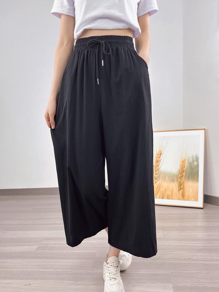 Southeast Asia Women's Casual Loose Ramie Culottes - Wide-Leg All-Cotton Slimming Pants, Eight-Point Length