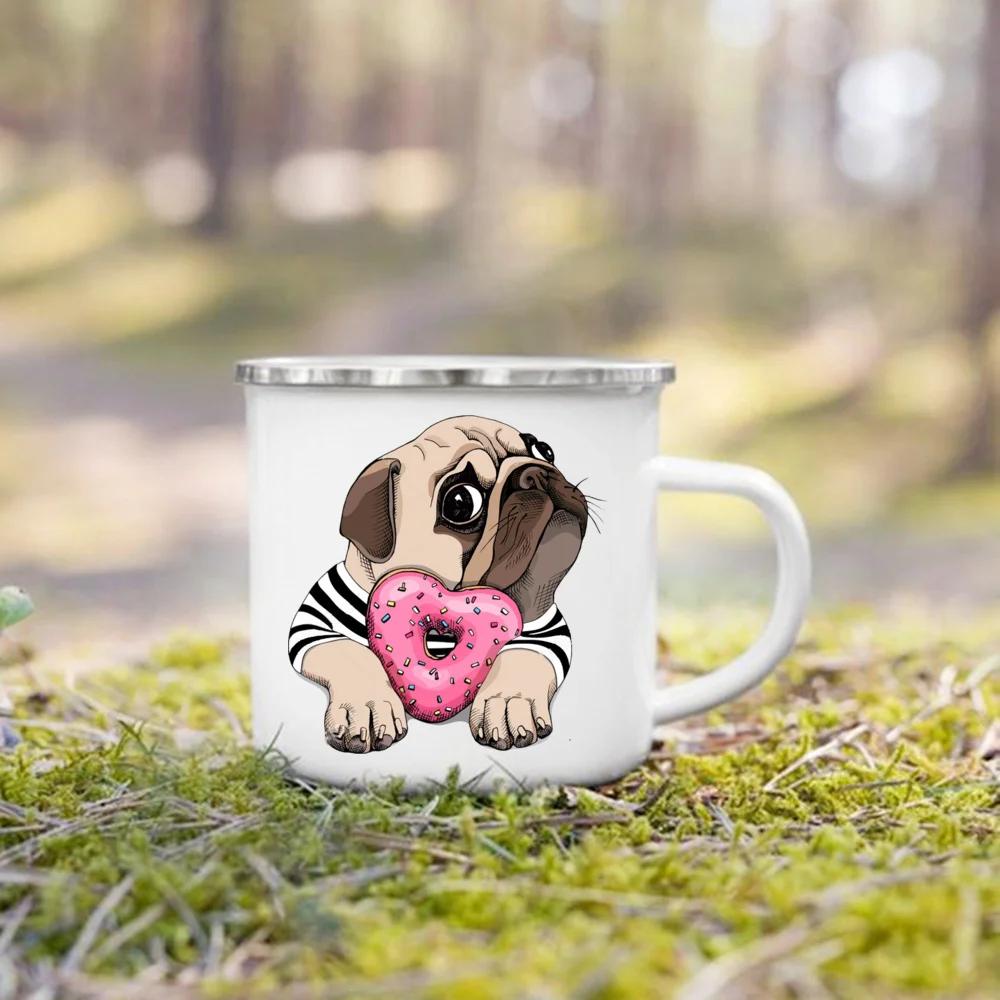 French Bulldog Print Mugs Creative Coffee Cup Drink Milk Beer Cup Camping Camfire Enamel Mugs Handle Drinkware Gift for Dog Love