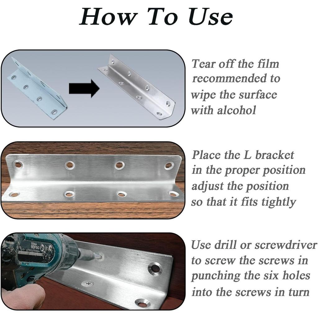 6 pcs Heavy Duty Stainless Steel Corner Brace | Long L Shaped Mounting Brackets for Wood Furniture Cabinet Repair Reinforcement